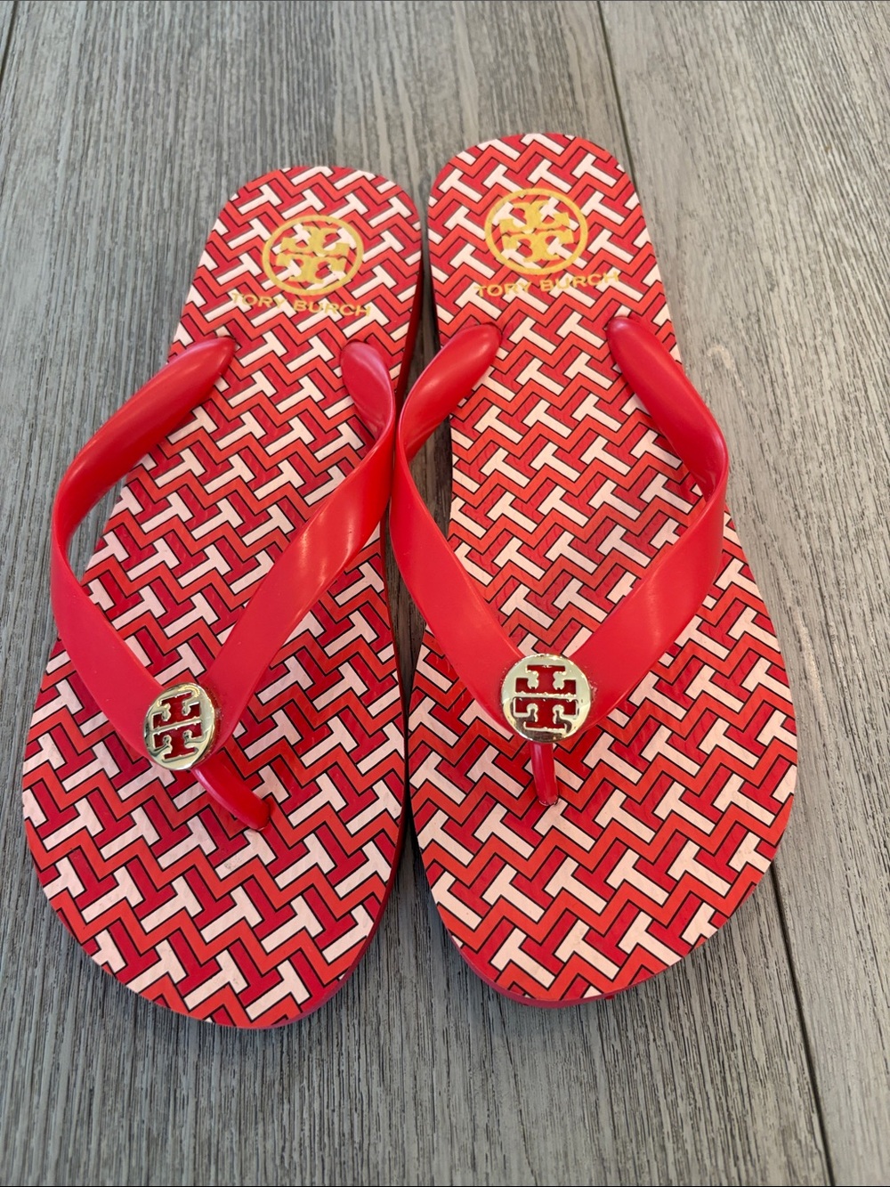 Tory Burch Red Patterned Logo Thong Sandals